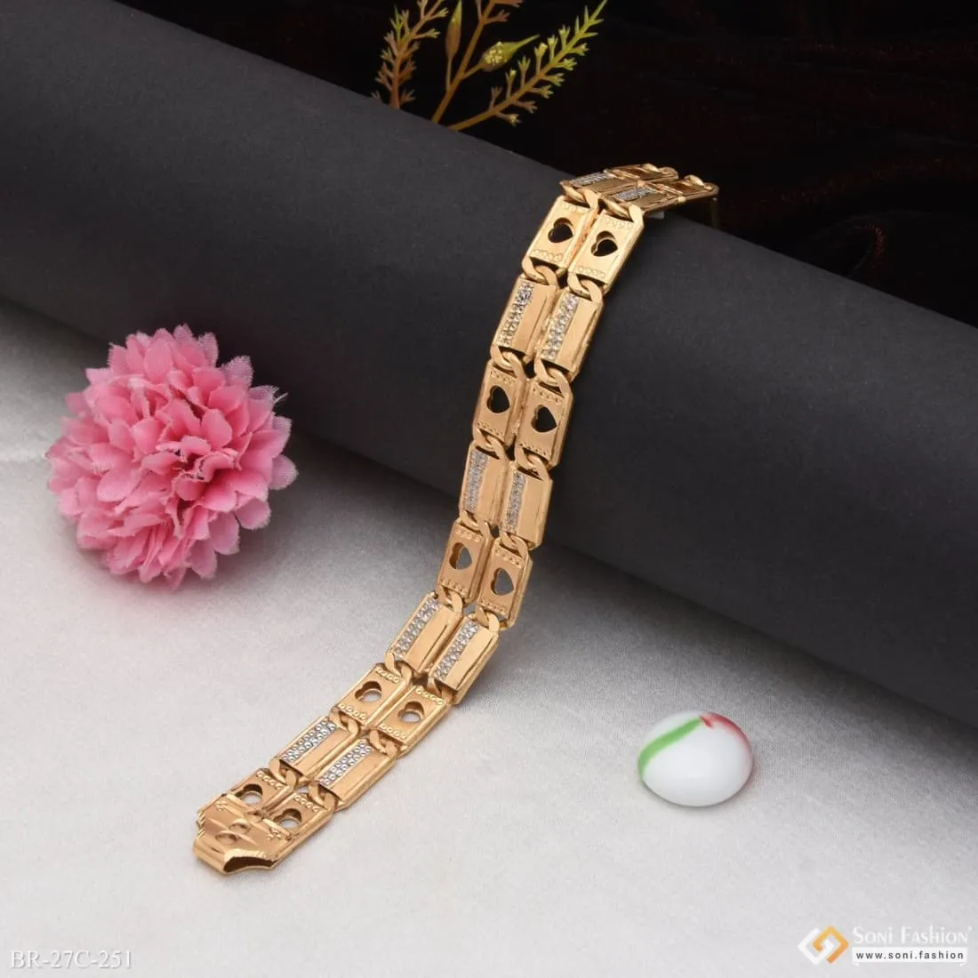 1 Gram Gold Plated 2 Line Heart Fashionable Design Bracelet for Men - Style C251