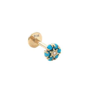 14 KT Nap Earrings Flower Turquoise   Diamond Flat Back Earrings (Pair)