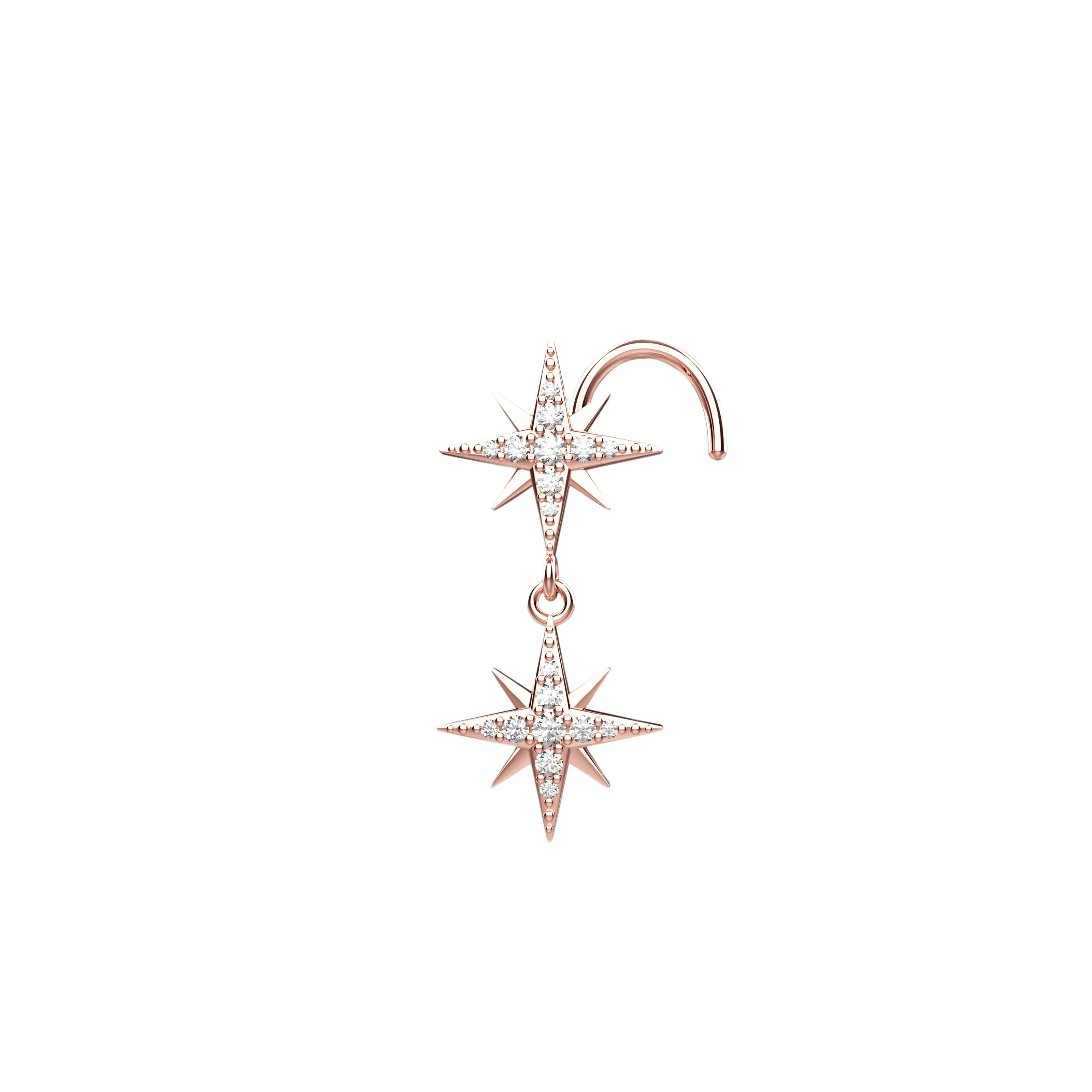14K Gold Double Star Nose Ring | Elegant Nose Piercing Jewelry