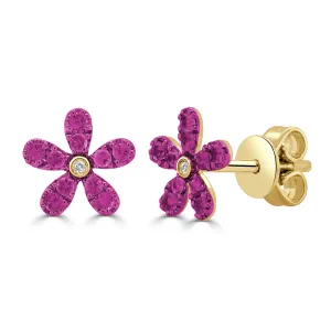 14K Gold Gemstone & Diamond Flower Stud Earrings