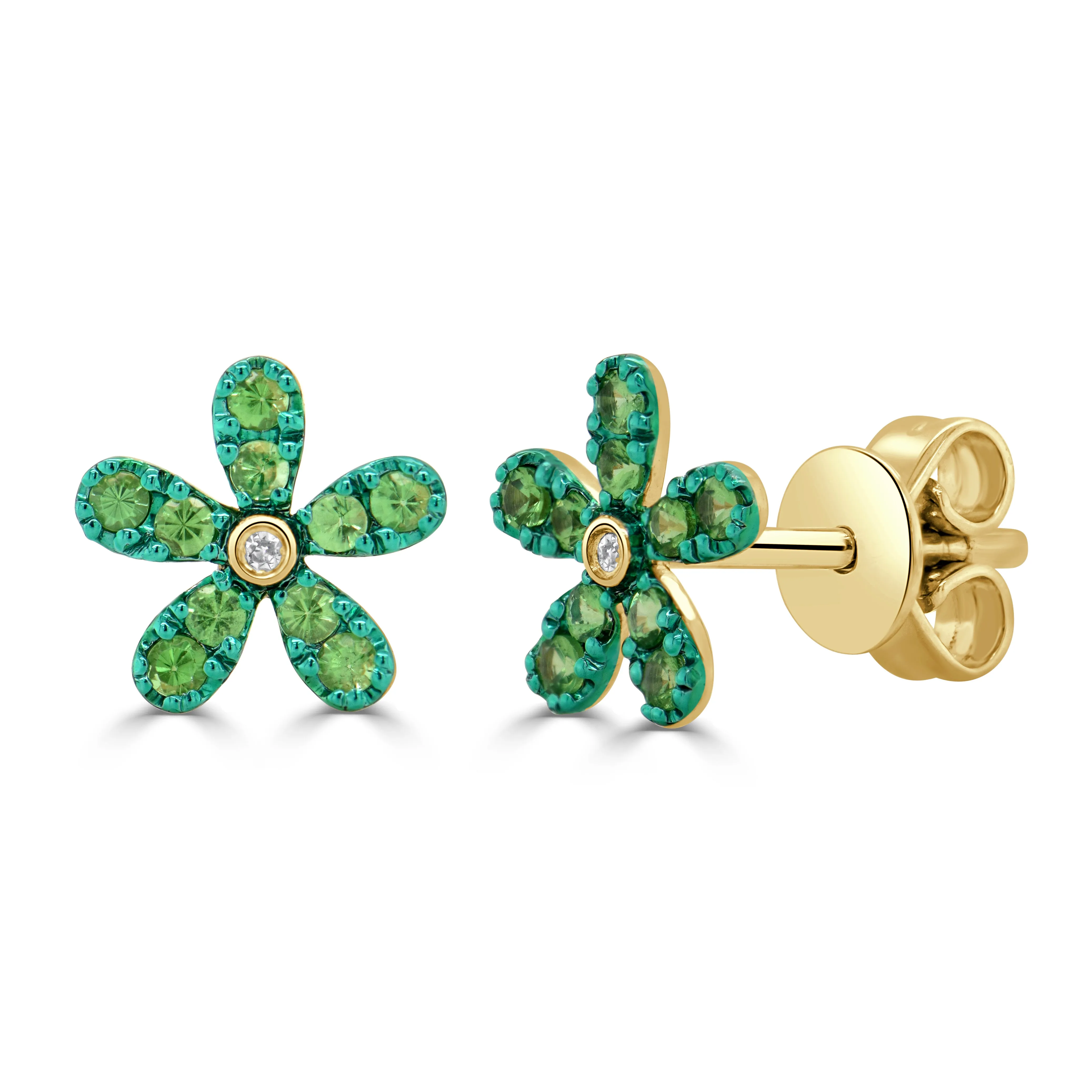 14K Gold Gemstone & Diamond Flower Stud Earrings