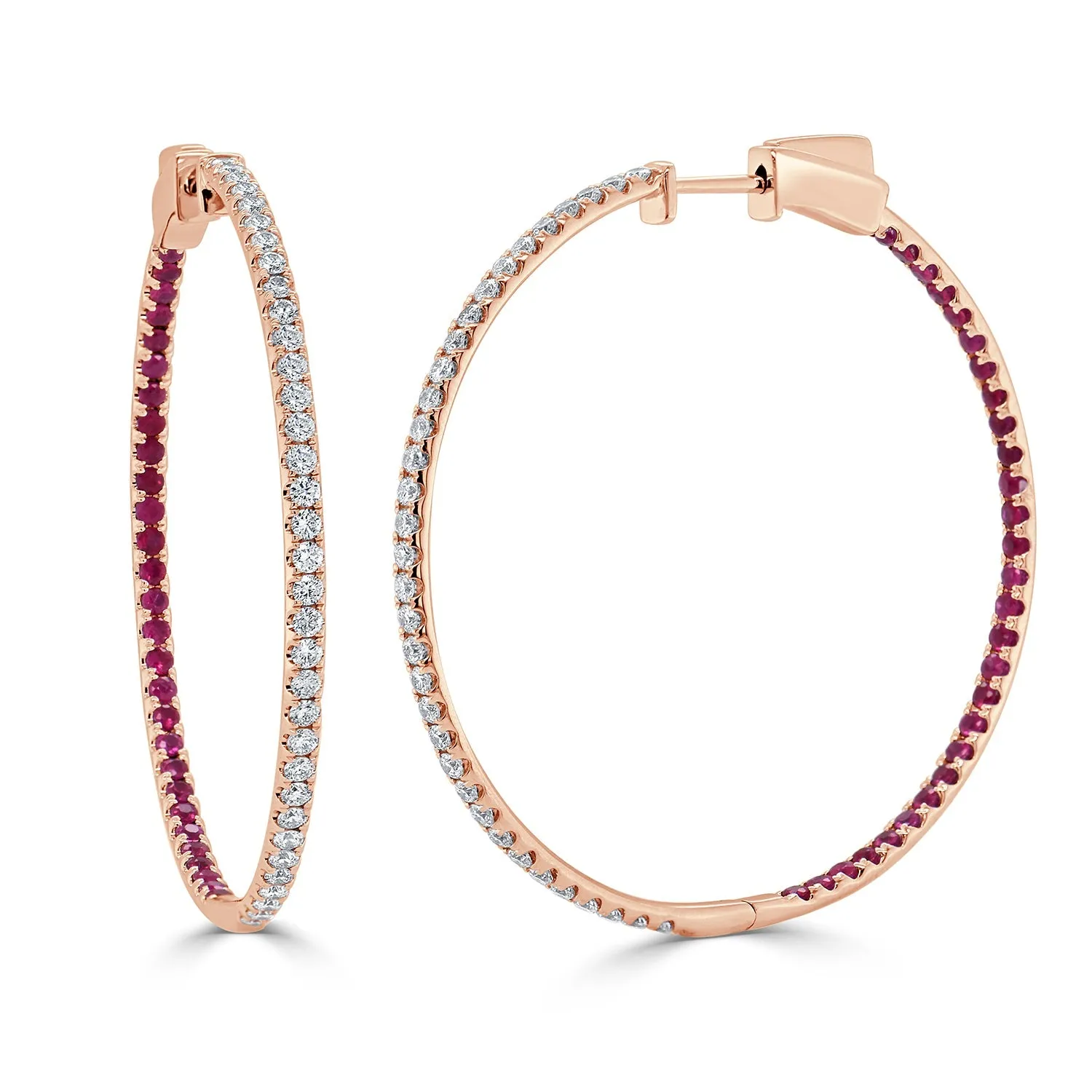 14K Gold Half Diamond Half Ruby Hoop Earrings