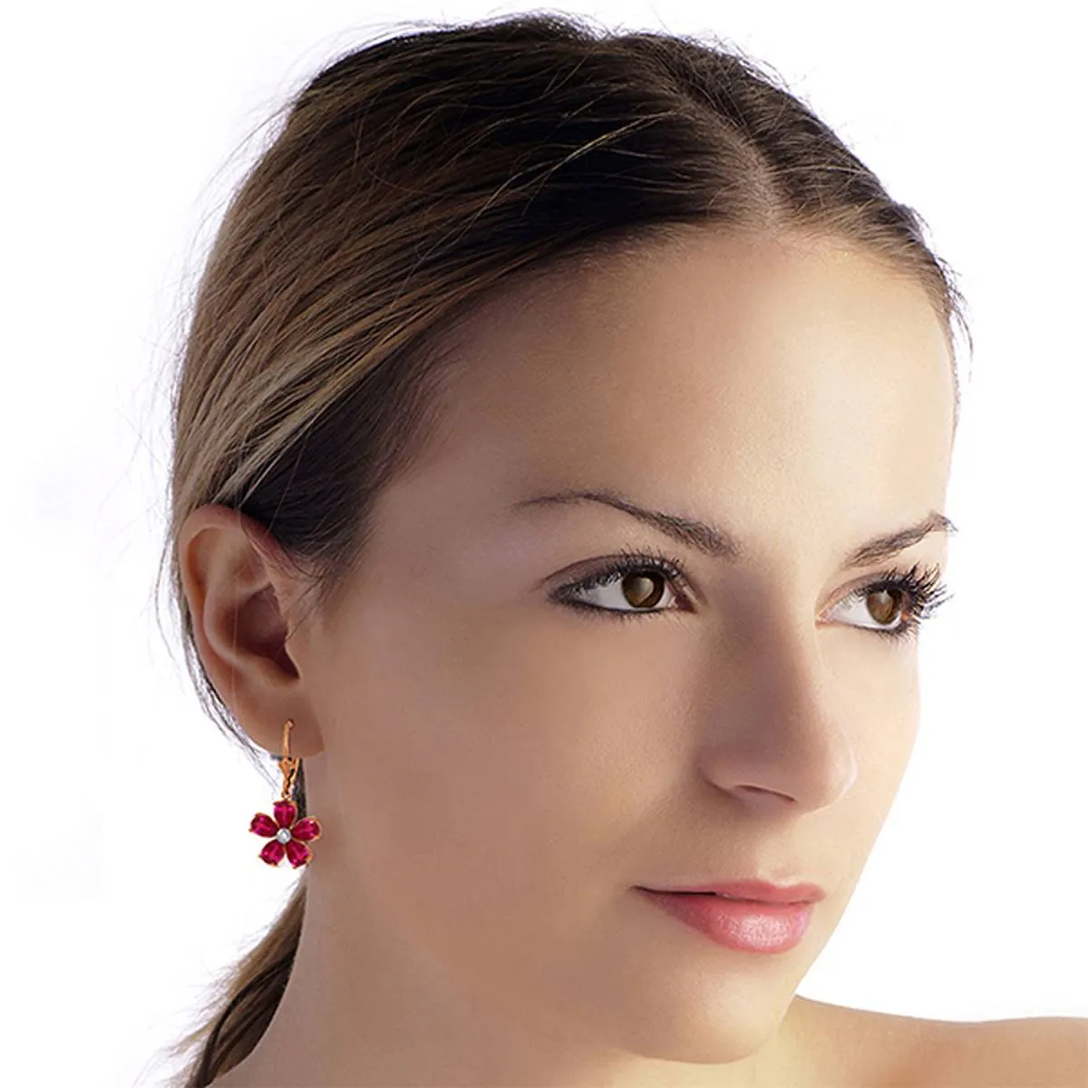 14K Solid Rose Gold Leverback Earrings w/ Rubies & Diamonds