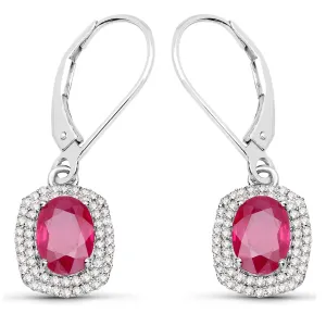 14K White Gold 2.26 Carat Genuine Ruby and White Diamond Earrings
