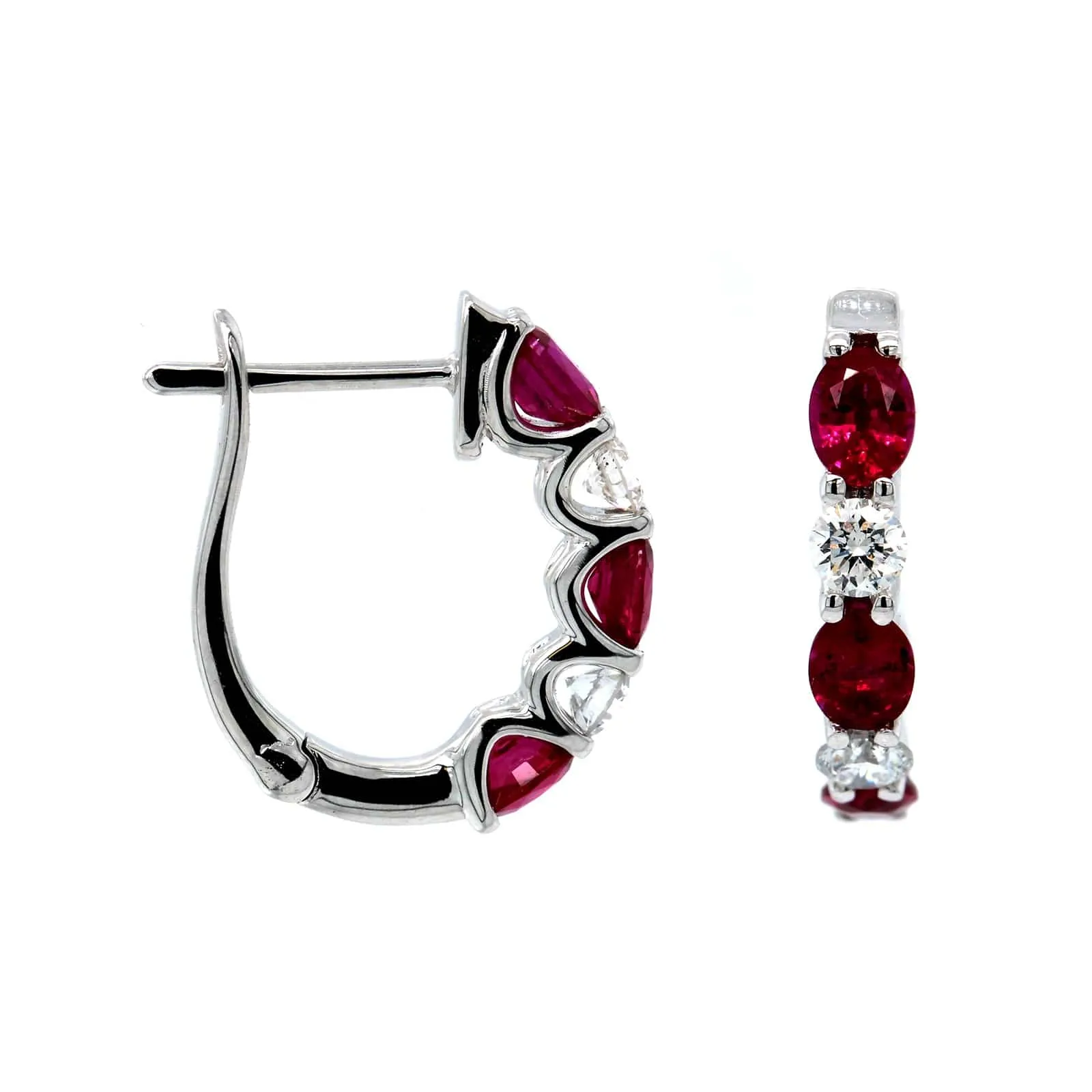 14K White Gold Diamond & Ruby Huggie Earrings
