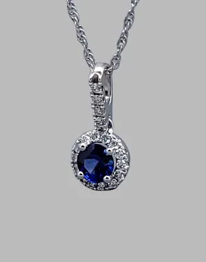 14K White Gold Sapphire Diamond Pendant