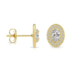 14k Yellow Gold CZ Oval Halo Stud Earrings - Pushbacks - E052462