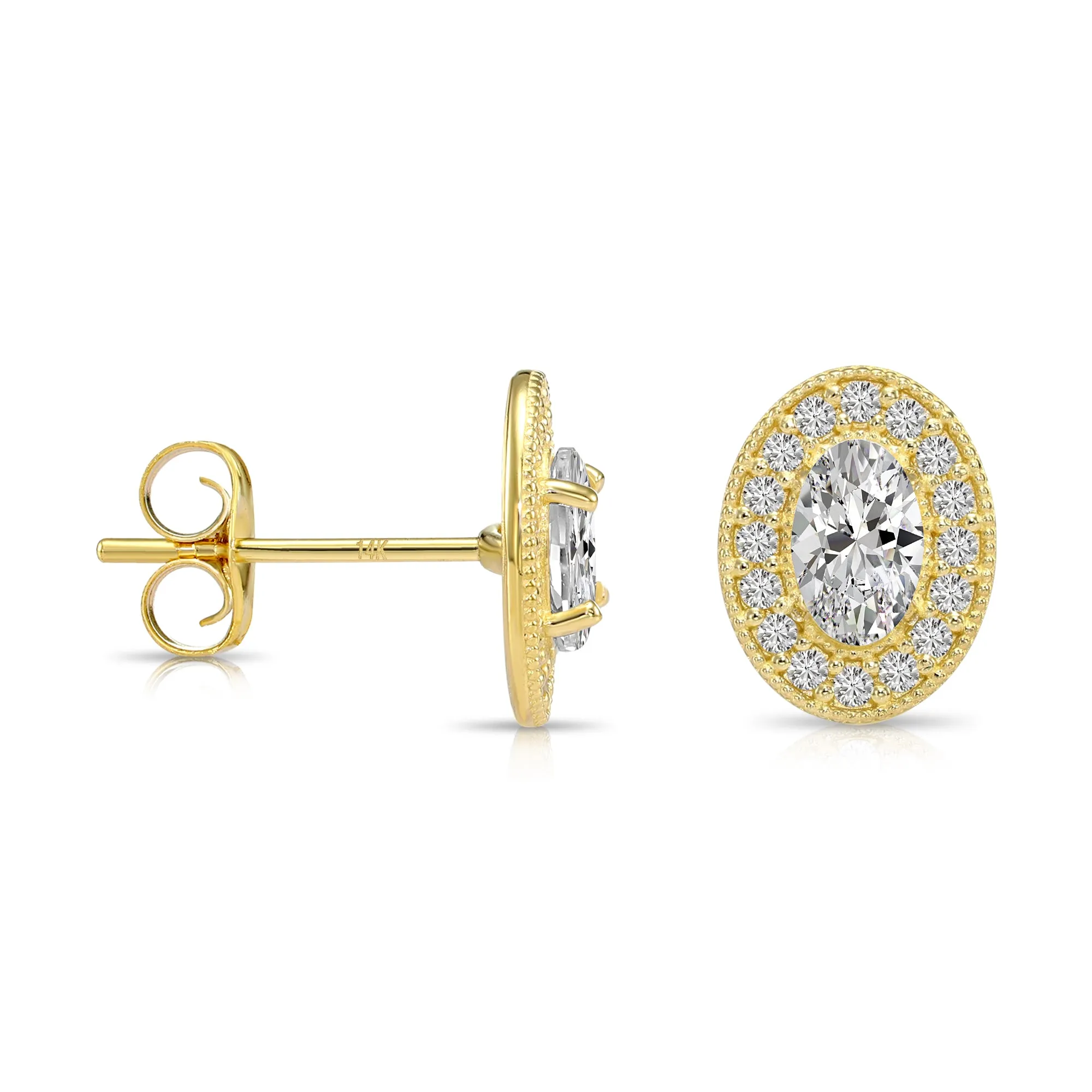 14k Yellow Gold CZ Oval Halo Stud Earrings - Pushbacks - E052462