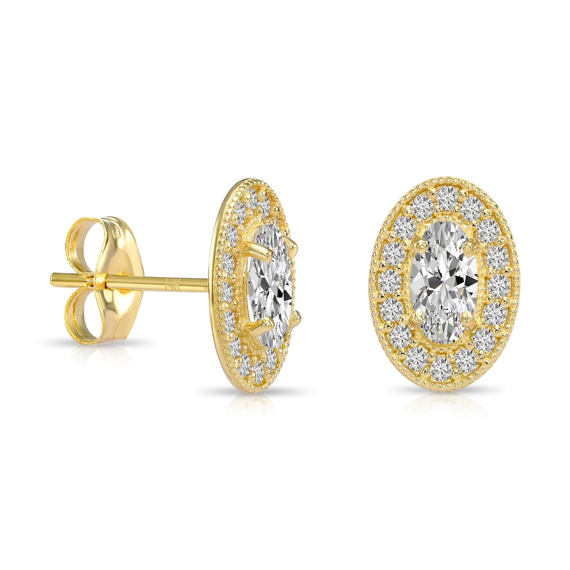 14k Yellow Gold CZ Oval Halo Stud Earrings - Pushbacks - E052462