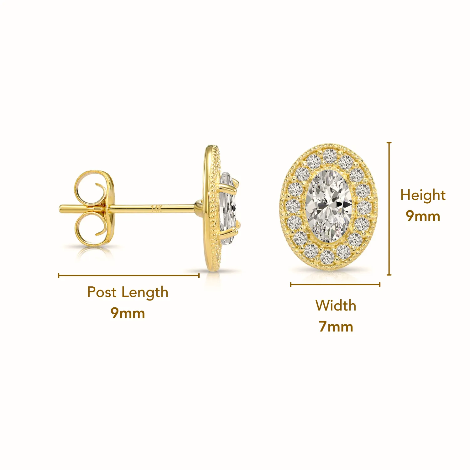 14k Yellow Gold CZ Oval Halo Stud Earrings - Pushbacks - E052462