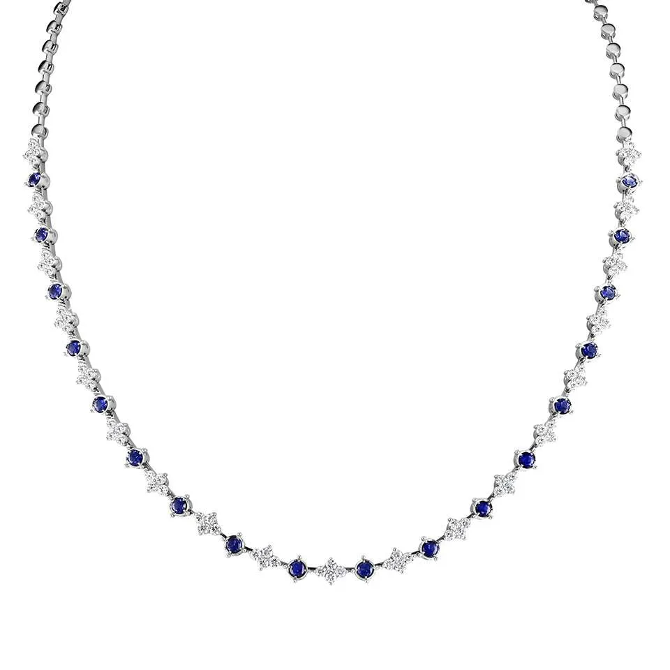 18ct White Gold 1.62ct Blue Sapphire And 1.90ct Diamond Line Necklace