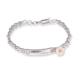 18ct White Gold Pavé Diamond and Cultured Pearl ID Bracelet with Flower Accent MCS6912