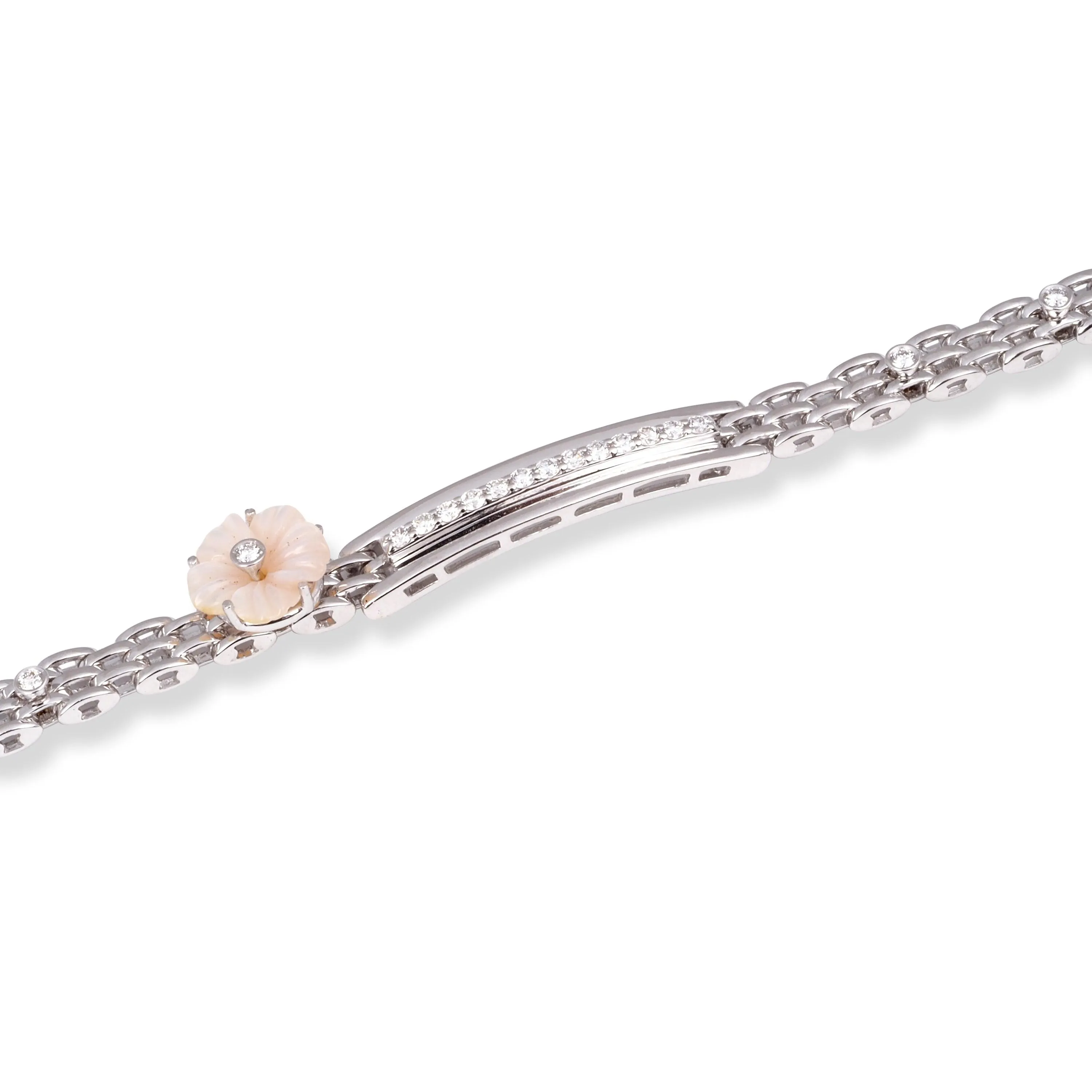 18ct White Gold Pavé Diamond and Cultured Pearl ID Bracelet with Flower Accent MCS6912