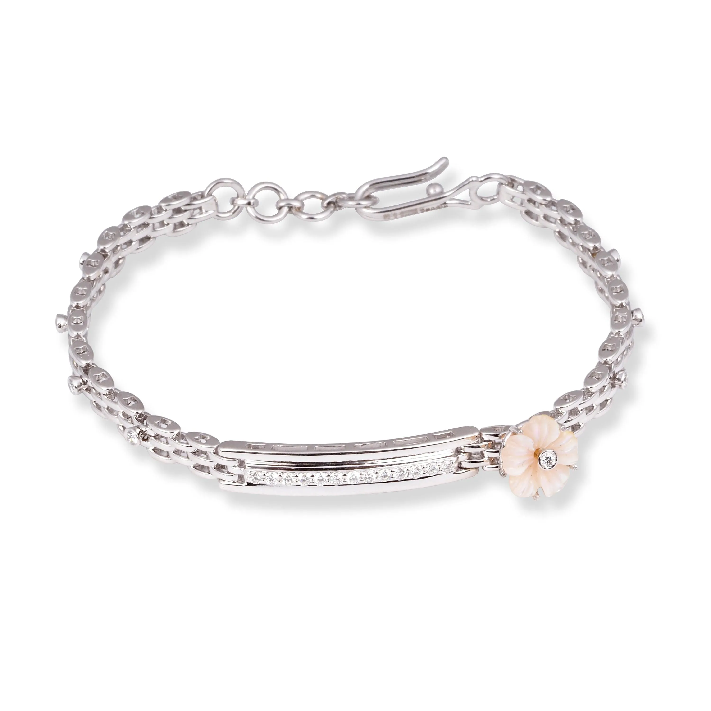 18ct White Gold Pavé Diamond and Cultured Pearl ID Bracelet with Flower Accent MCS6912