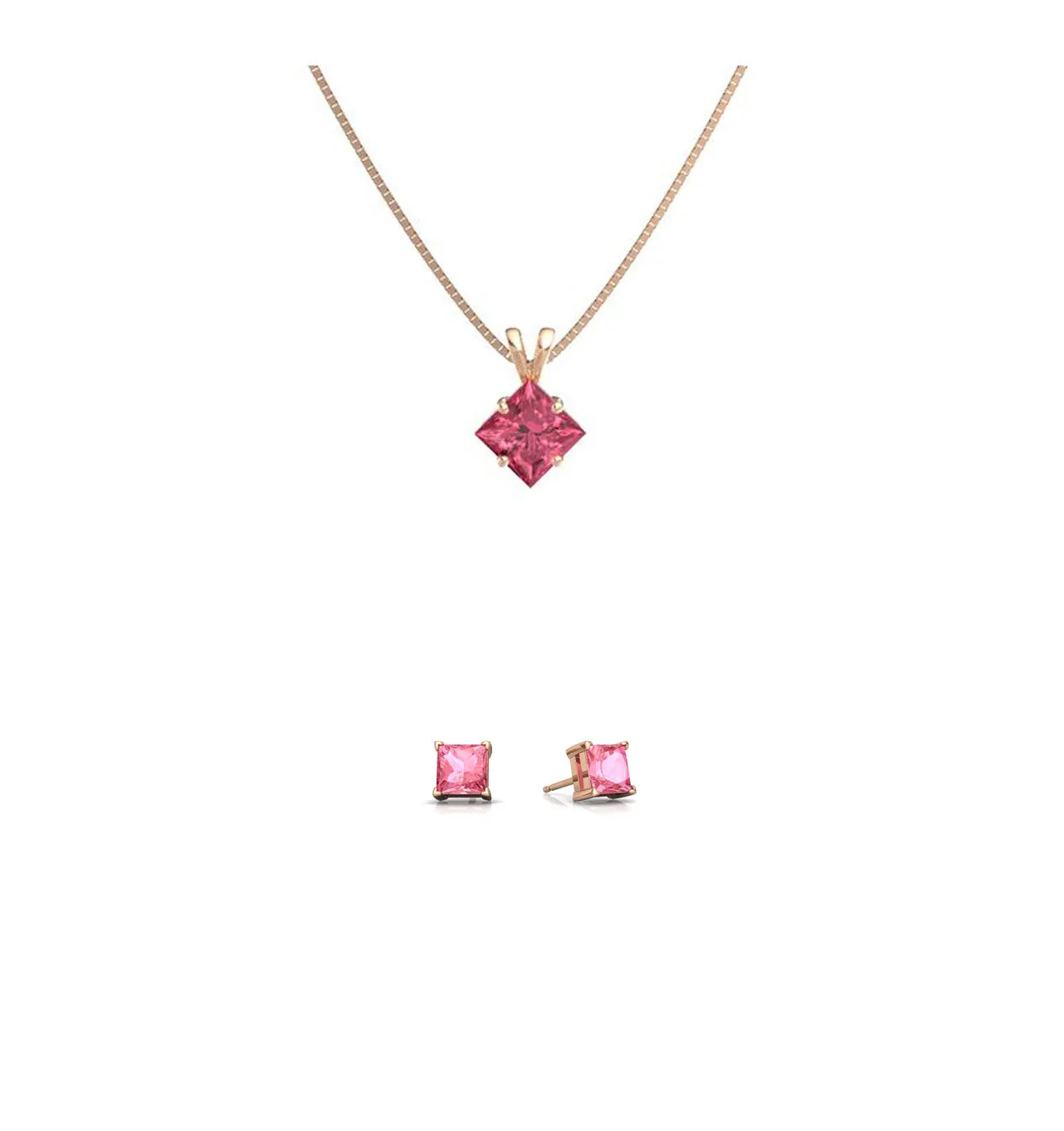 18K Rose Gold 1/2ct Pink sapphire Square 18 Inch Necklace and Earrings Set Plated