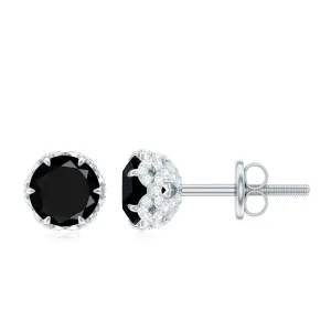 2 CT Claw Set Created Black Diamond Solitaire and Diamond Stud Earrings
