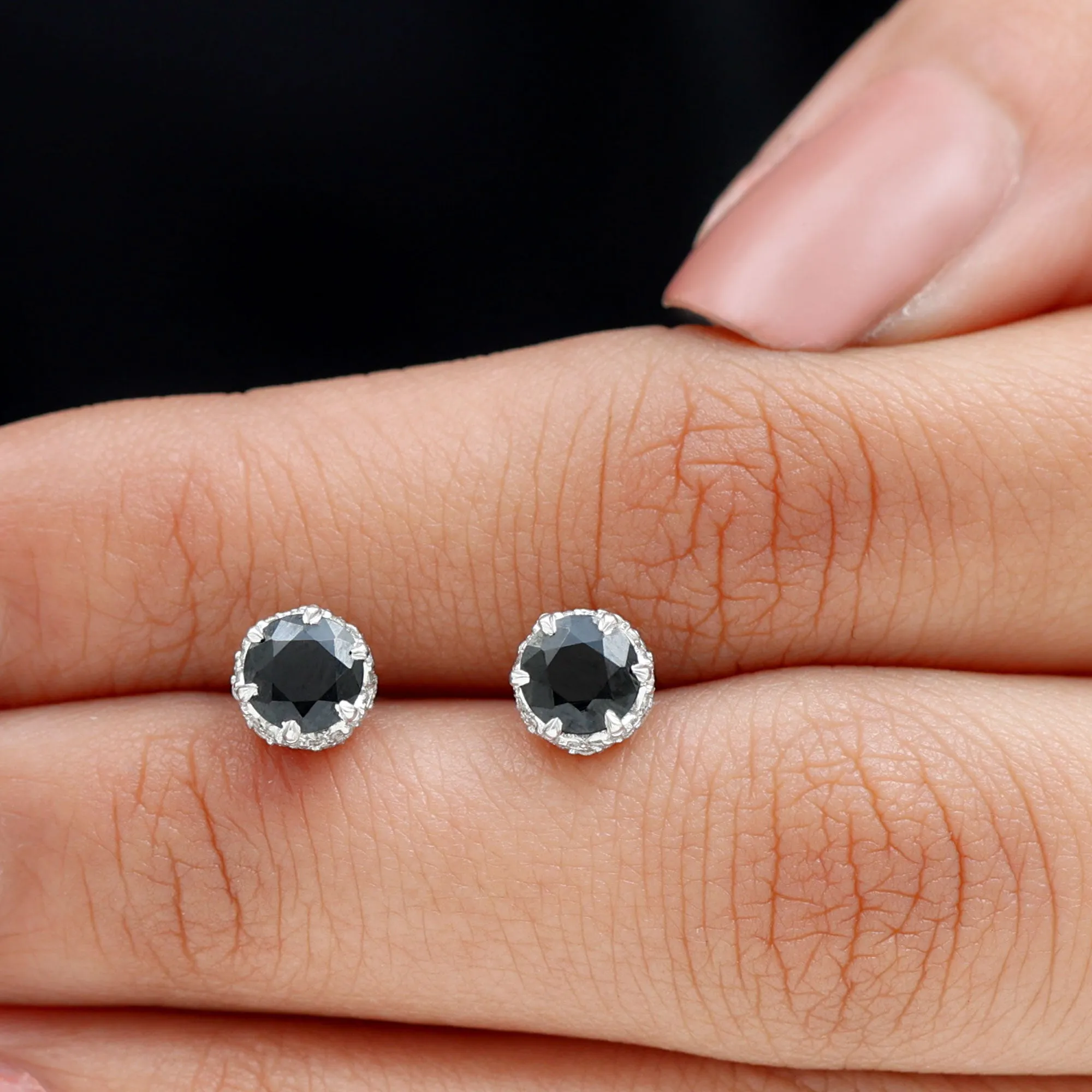 2 CT Claw Set Created Black Diamond Solitaire and Diamond Stud Earrings