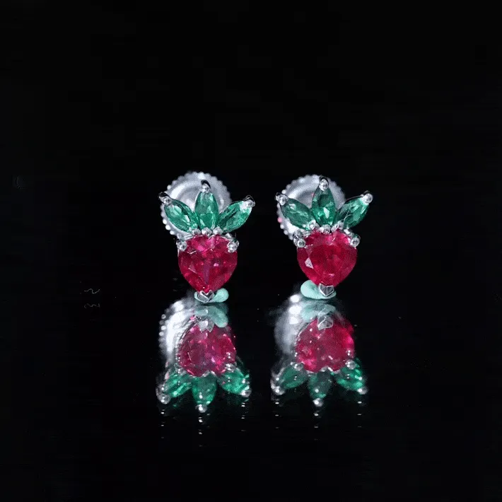 2 CT Created Ruby and Created Emerald Cute Strawberry Earrings