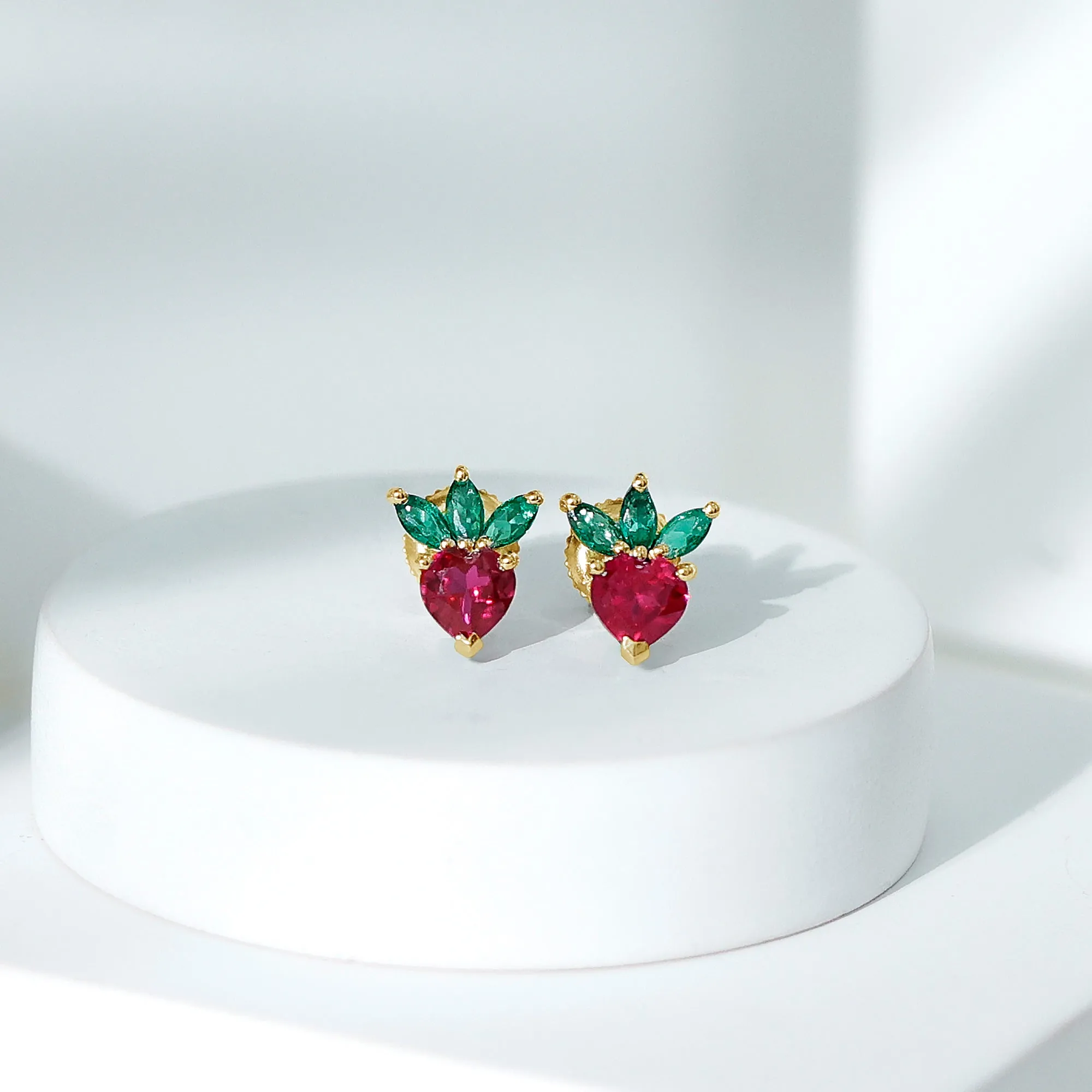 2 CT Created Ruby and Created Emerald Cute Strawberry Earrings
