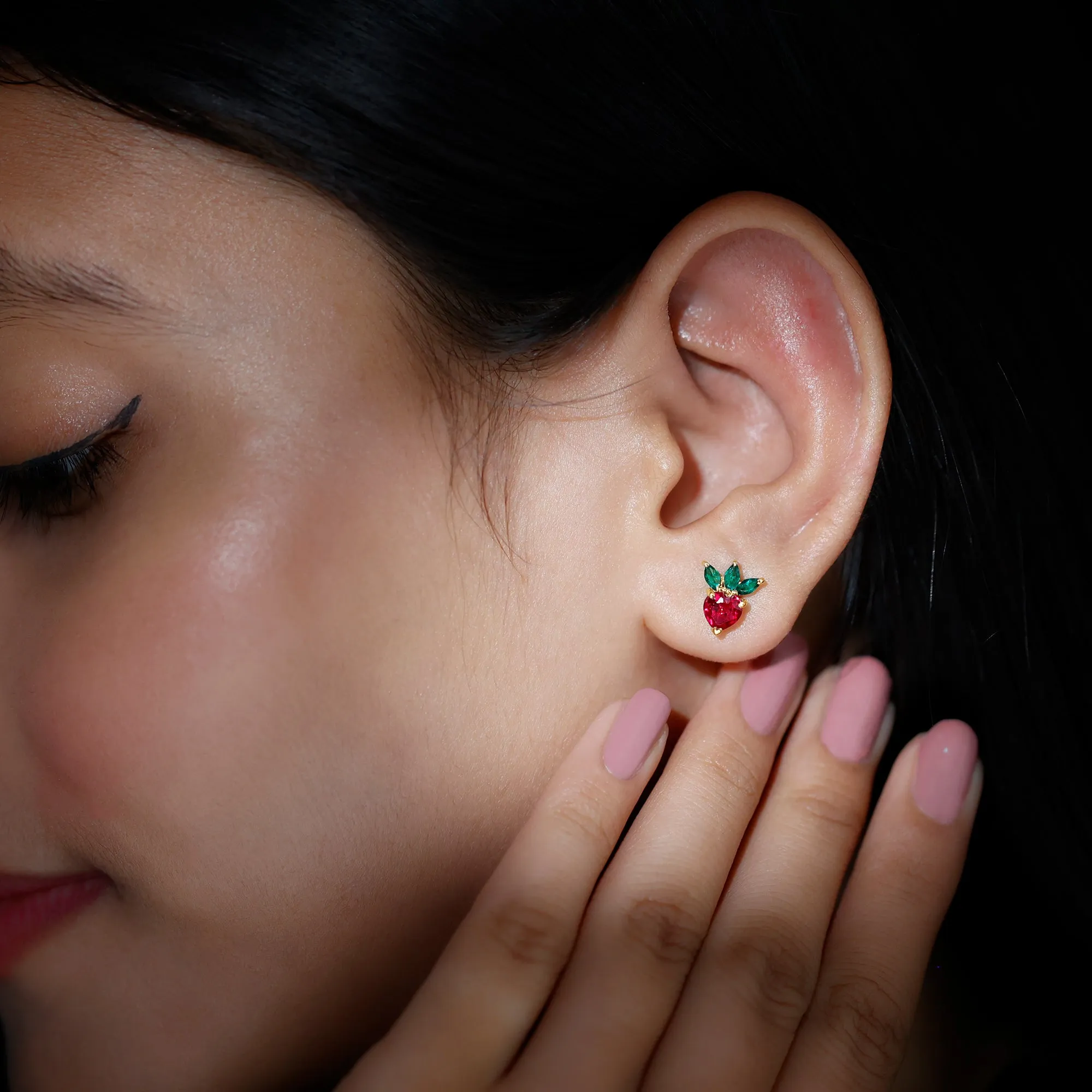 2 CT Created Ruby and Created Emerald Cute Strawberry Earrings