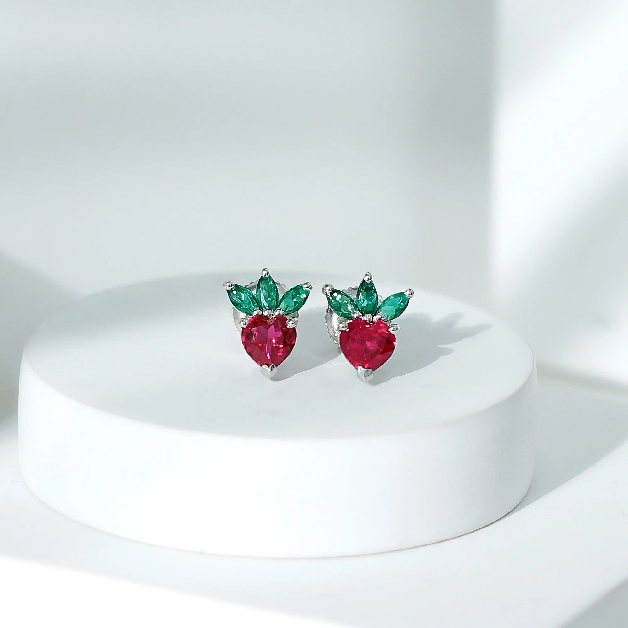 2 CT Created Ruby and Created Emerald Cute Strawberry Earrings