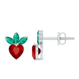 2 CT Created Ruby and Created Emerald Cute Strawberry Earrings