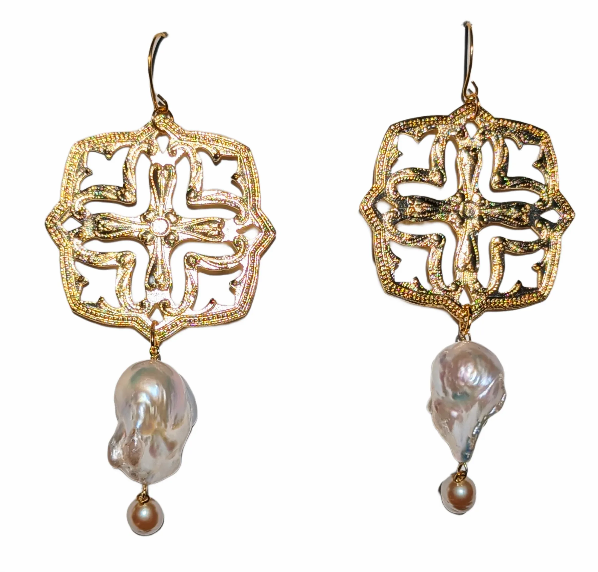 24K Gold plated Asian Style Inspired Brass Pressings XL White Baroque Pearl Earrings Unisex Handmade Sugar Gay Isber