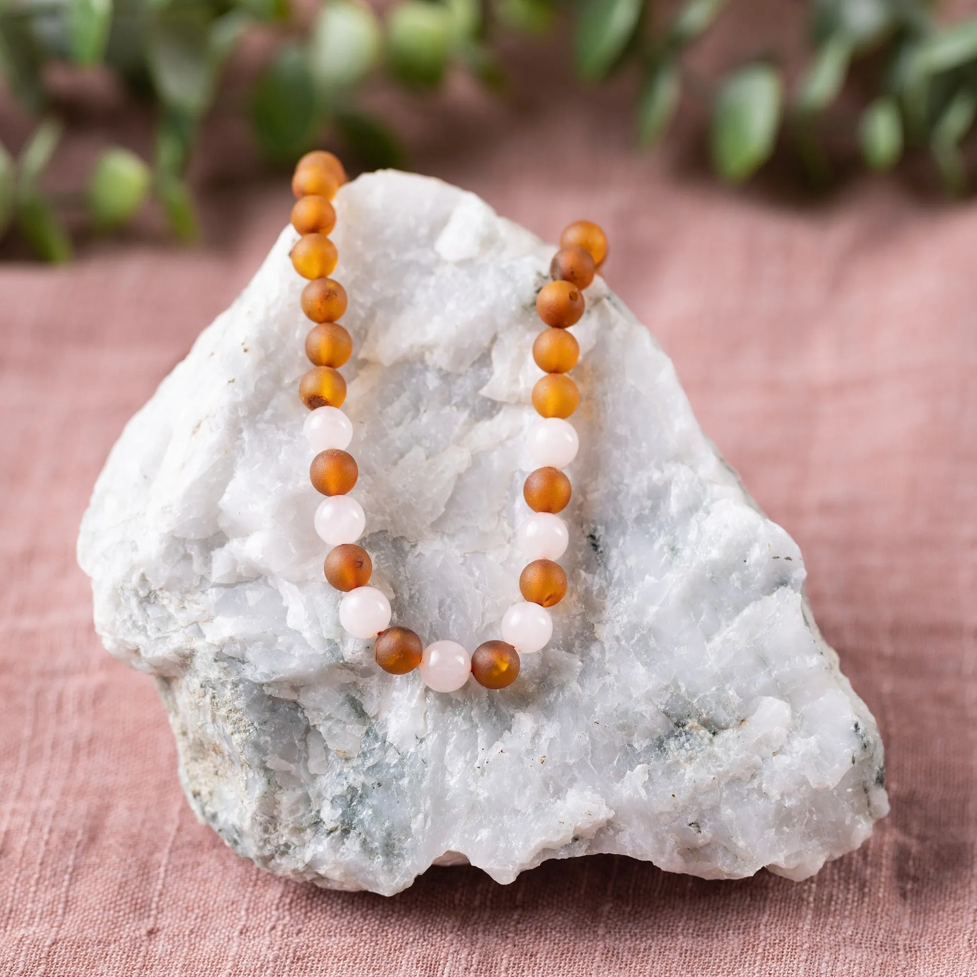 Adults | Rose Quartz   Raw Cognac Amber Necklace