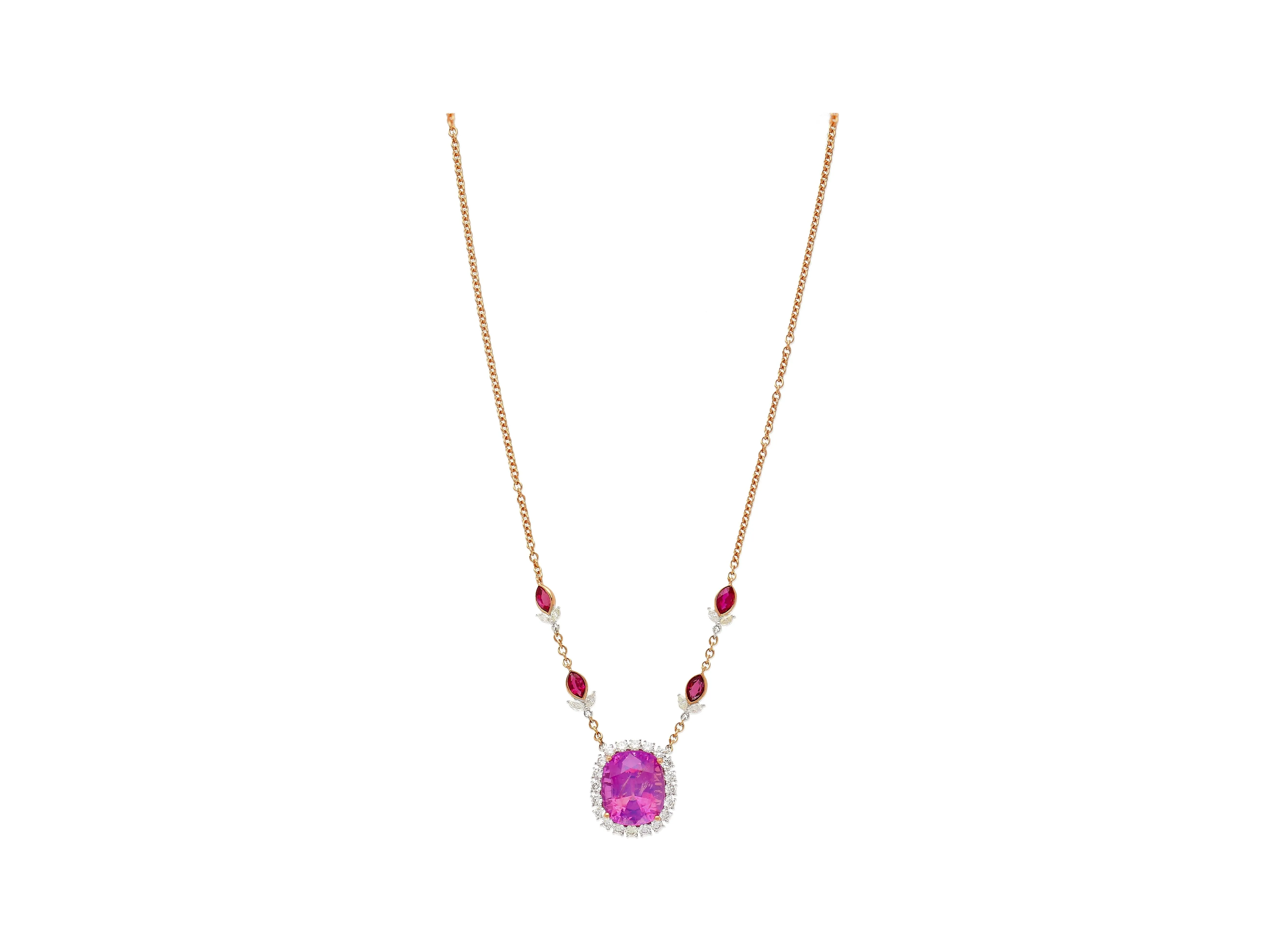AGL Certified 10.26 Carat Cushion Cut Pink Sapphire, Ruby, & Diamond Necklace