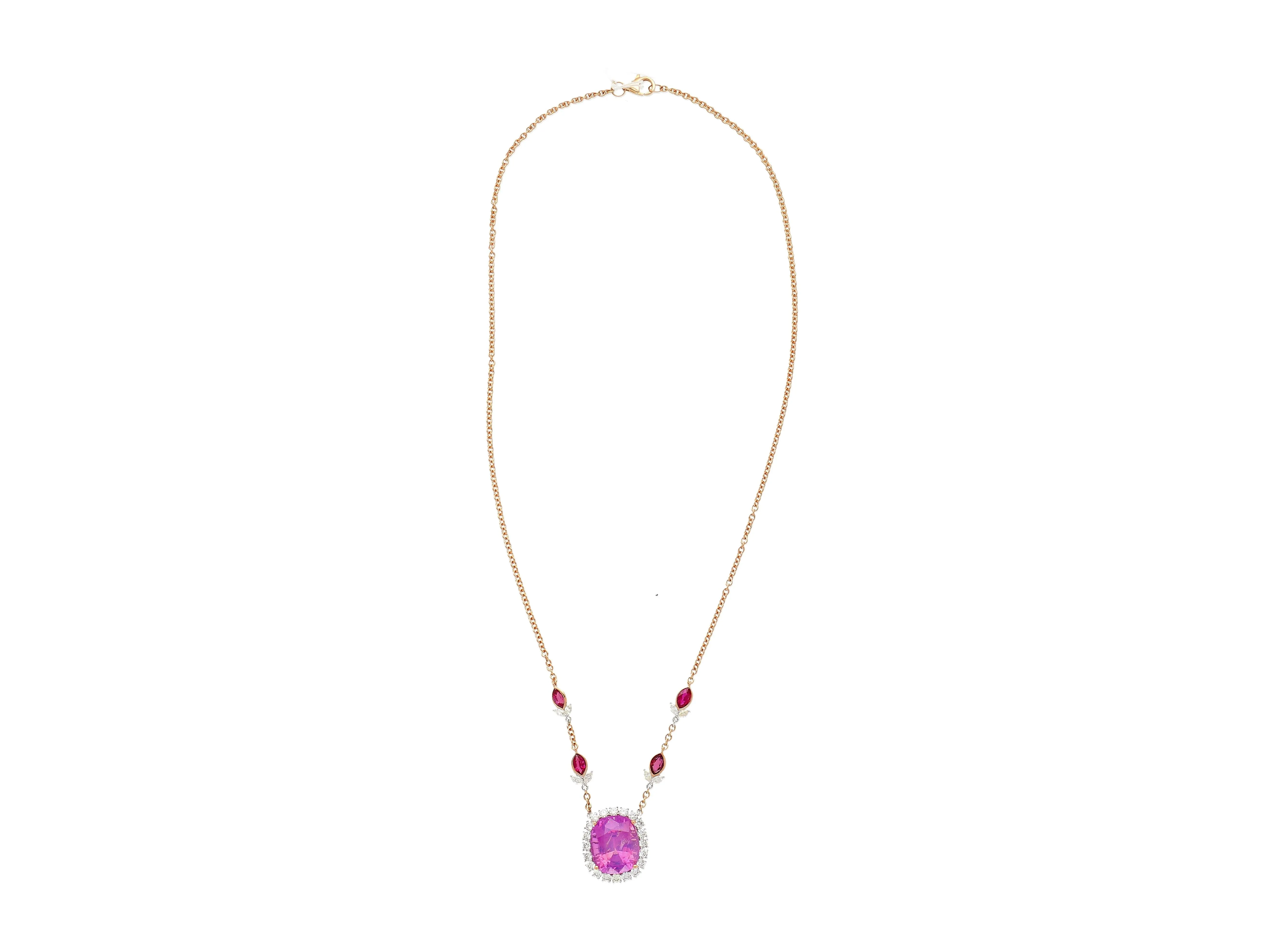 AGL Certified 10.26 Carat Cushion Cut Pink Sapphire, Ruby, & Diamond Necklace