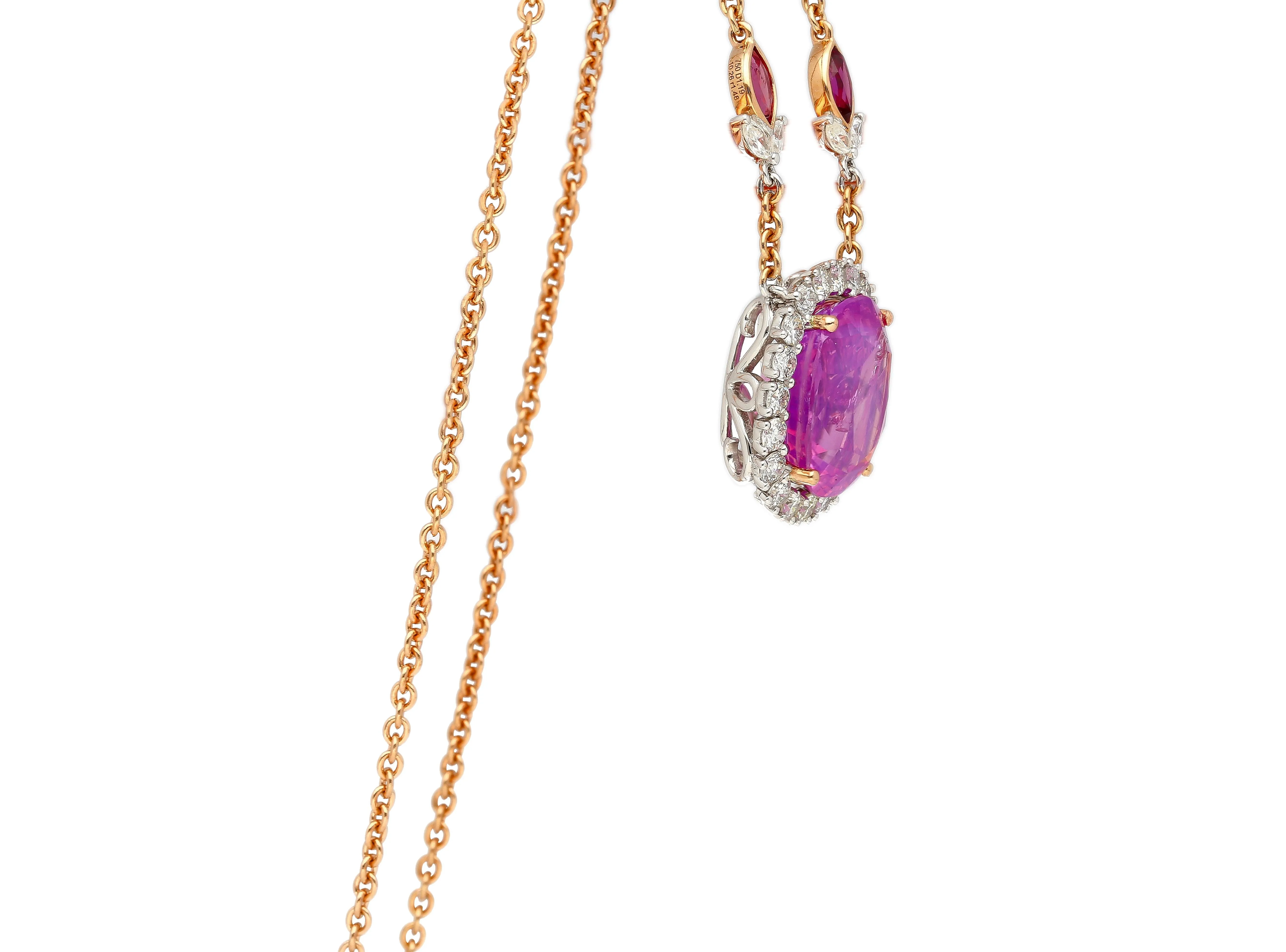 AGL Certified 10.26 Carat Cushion Cut Pink Sapphire, Ruby, & Diamond Necklace