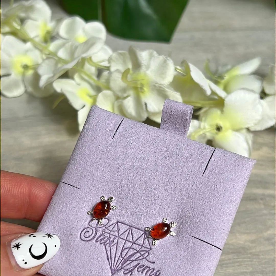 Amber Turtle Tortoise Sterling Silver Studs