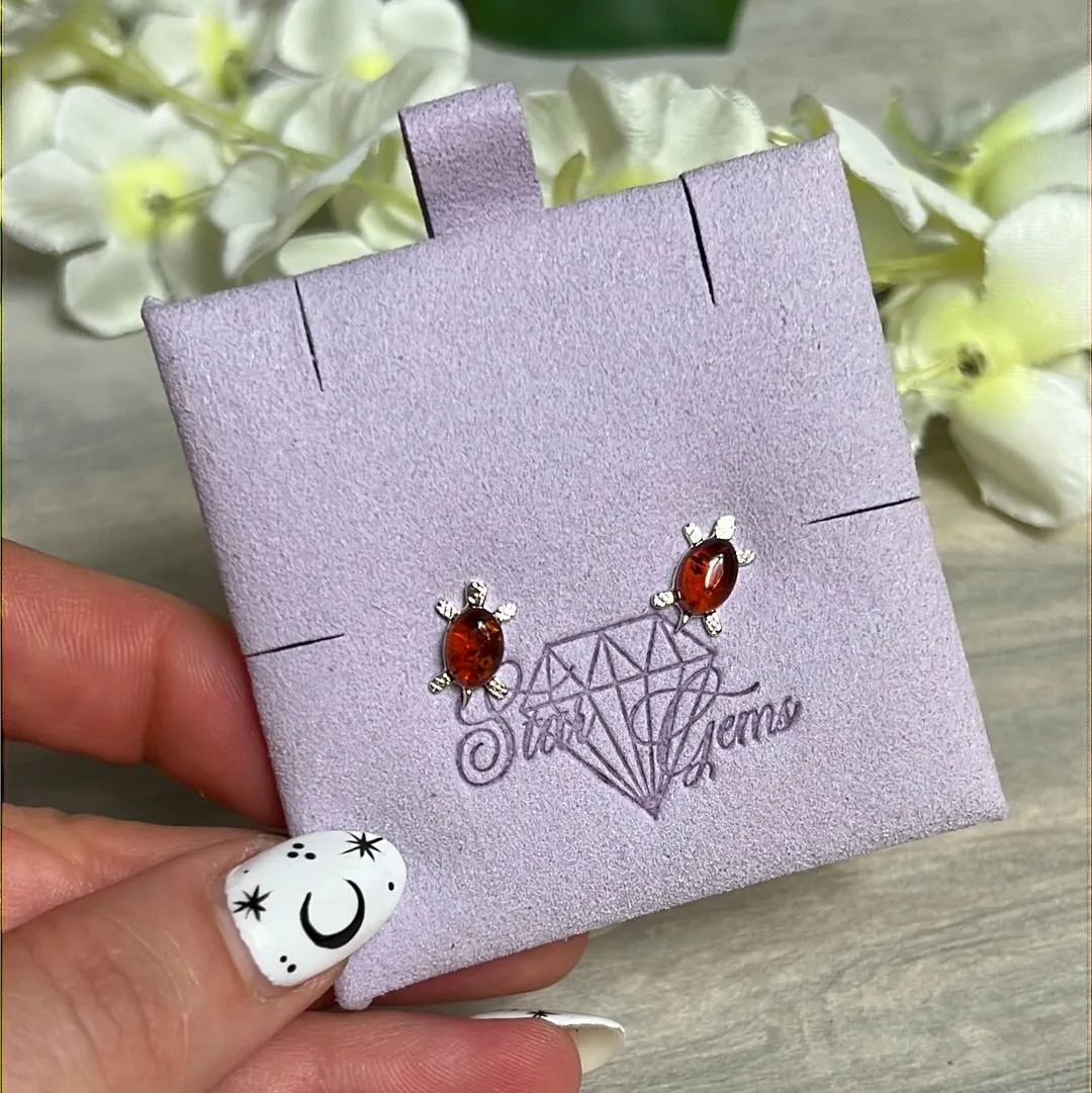 Amber Turtle Tortoise Sterling Silver Studs