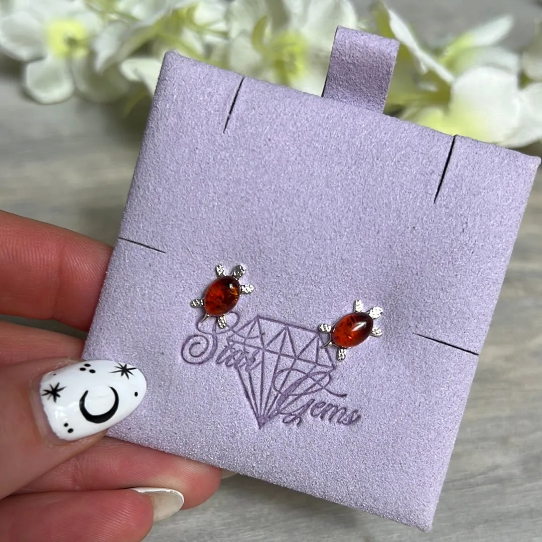 Amber Turtle Tortoise Sterling Silver Studs