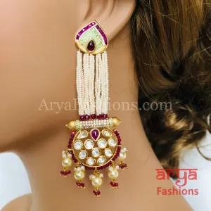 Anaira Ruby Mint Green Meenakari Kundan Jhumka with Pearl drops and multiple fine strands of Pearls