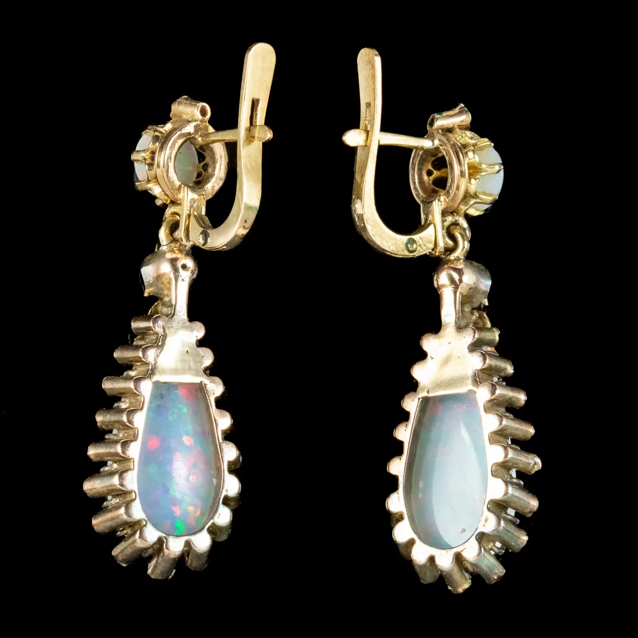 Antique Victorian French Opal Diamond Drop Earrings 18ct Gold