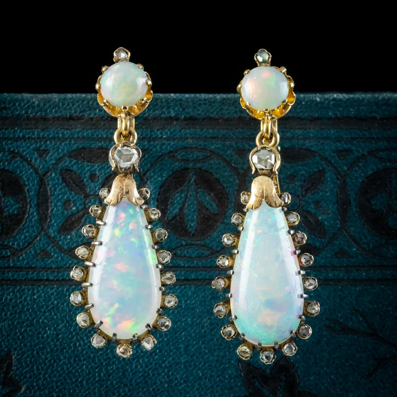 Antique Victorian French Opal Diamond Drop Earrings 18ct Gold