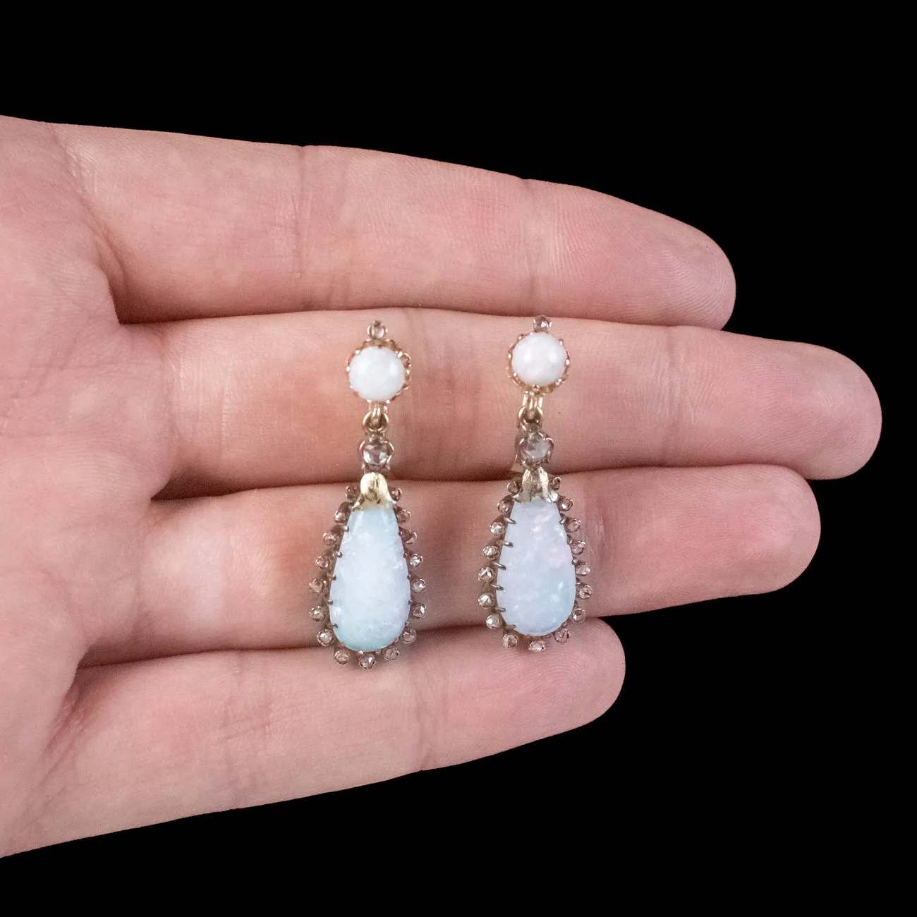 Antique Victorian French Opal Diamond Drop Earrings 18ct Gold