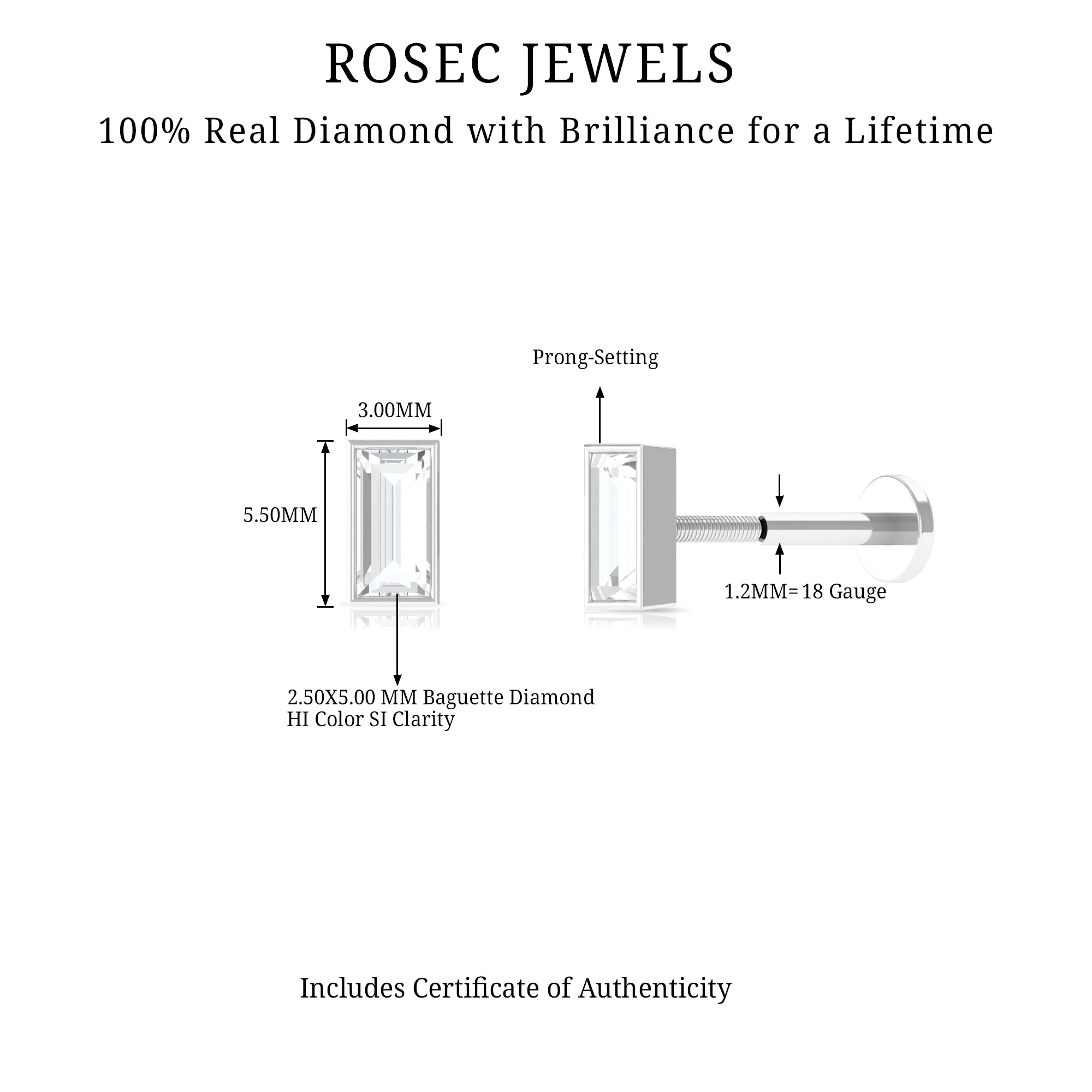 Baguette Diamond Tragus Earring in Bezel Setting