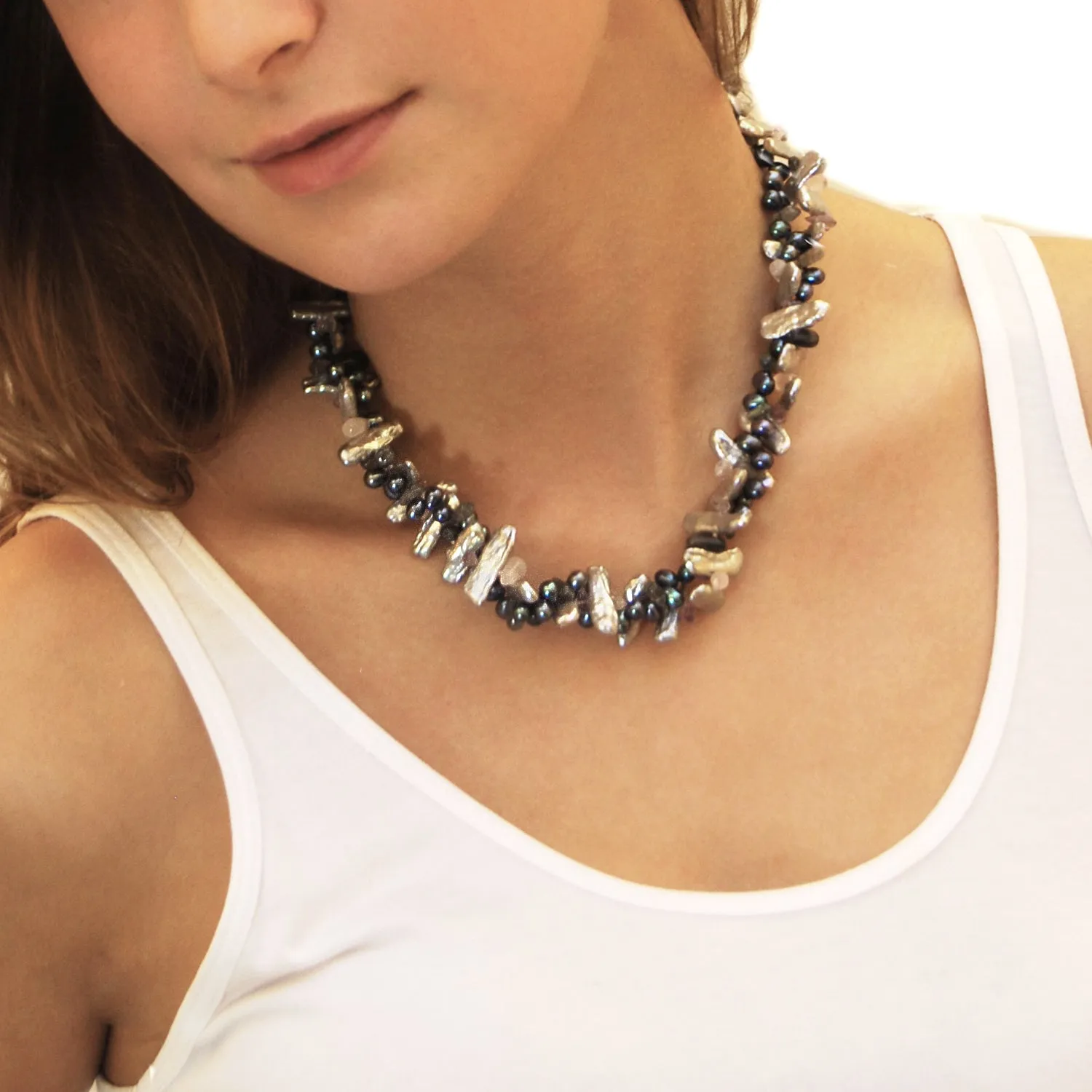 Black, Grey Freshwater Pearl & Semi-Precious Stone Necklace