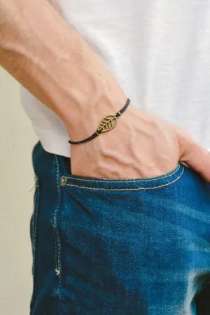 Bronze Leaf charm bracelet for men, black cord, valentines day gift for him, customize