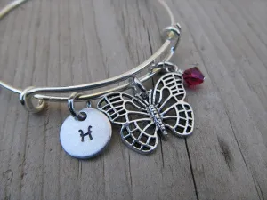 Butterfly Charm Bracelet -Adjustable Bangle Bracelet with an Initial Charm and Accent Bead of your choice