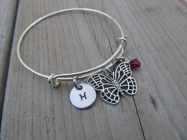 Butterfly Charm Bracelet -Adjustable Bangle Bracelet with an Initial Charm and Accent Bead of your choice
