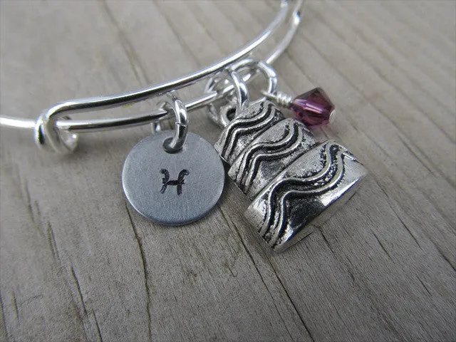 Cake Charm Bracelet- Adjustable Bangle Bracelet with an Initial Charm and an Accent Bead of your choice