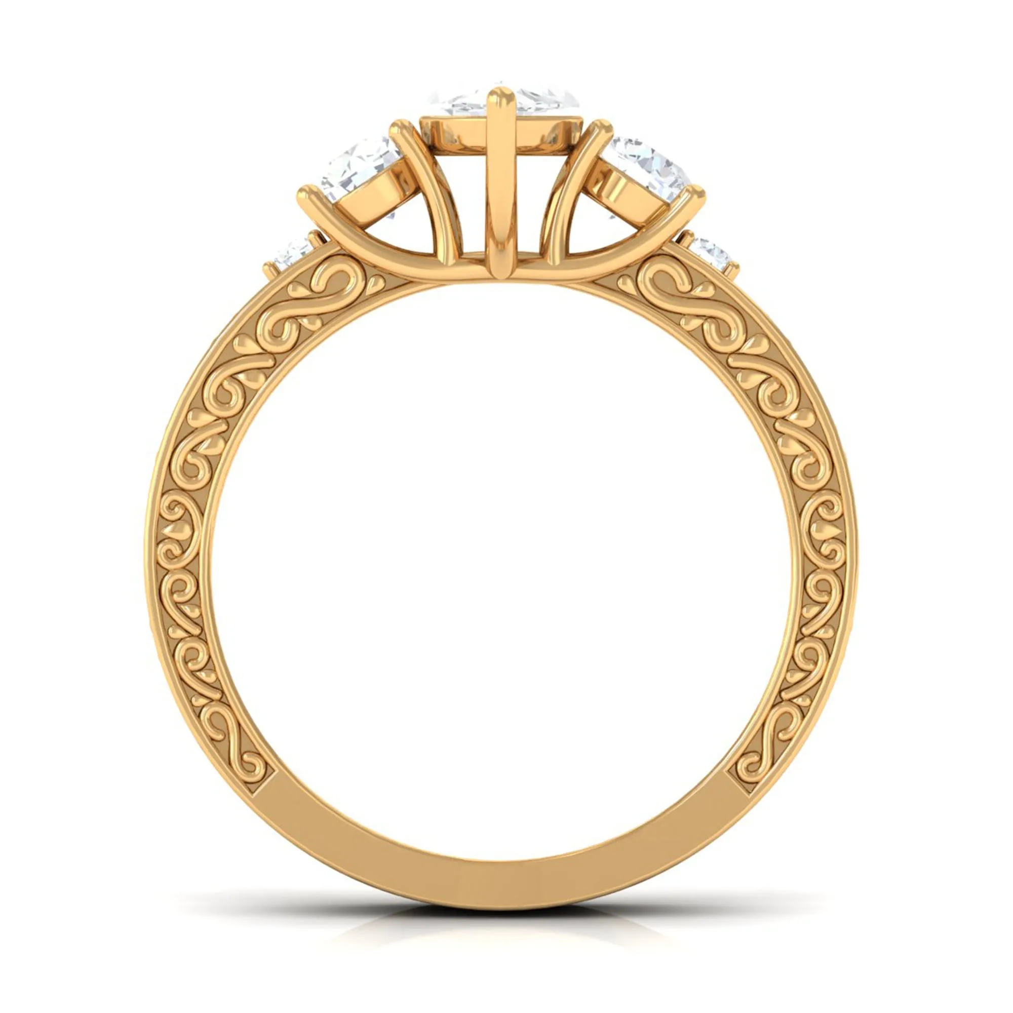 Certified Zircon Three Stone Engraved Band Ring