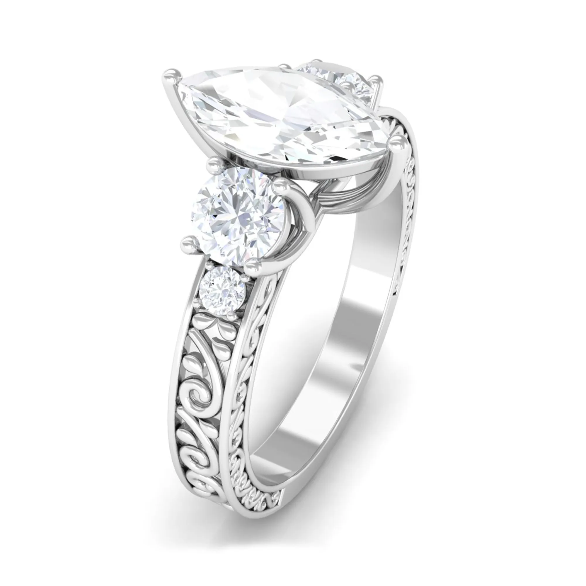 Certified Zircon Three Stone Engraved Band Ring