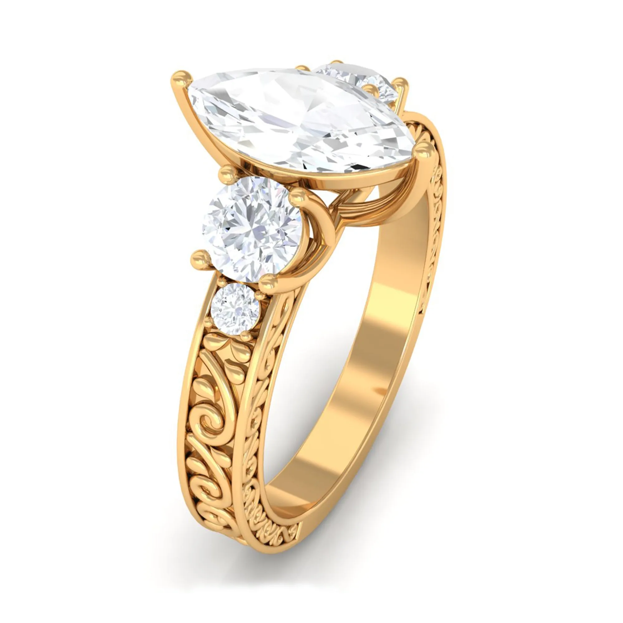 Certified Zircon Three Stone Engraved Band Ring