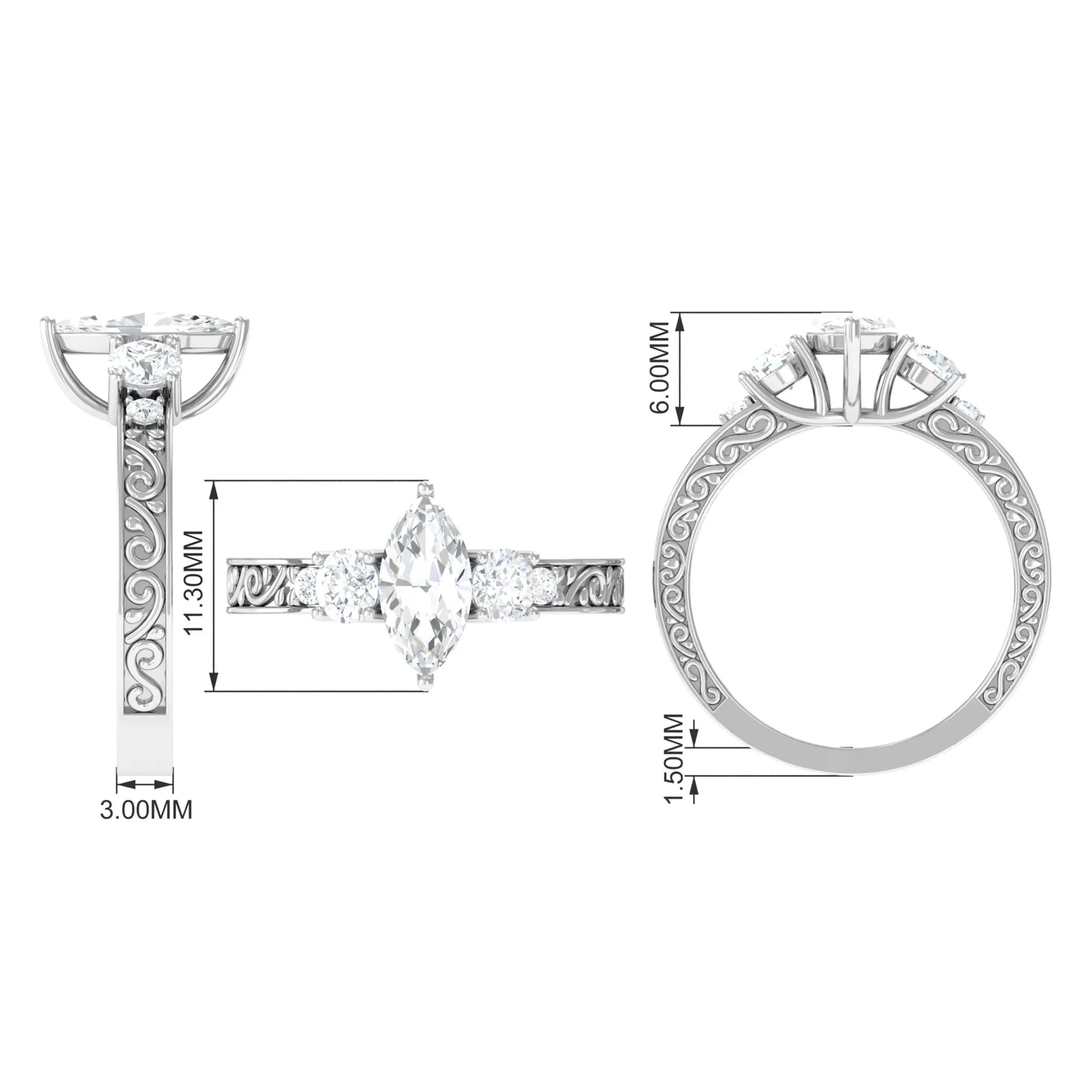 Certified Zircon Three Stone Engraved Band Ring