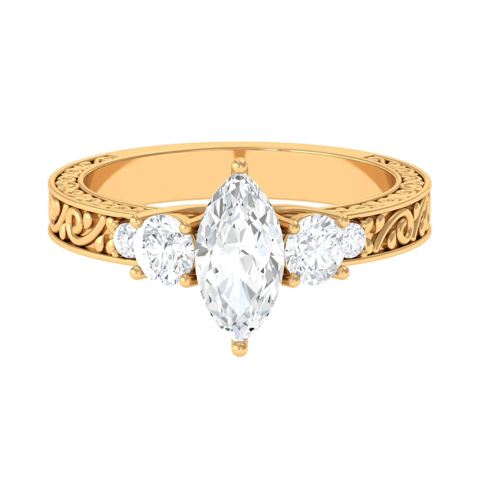 Certified Zircon Three Stone Engraved Band Ring