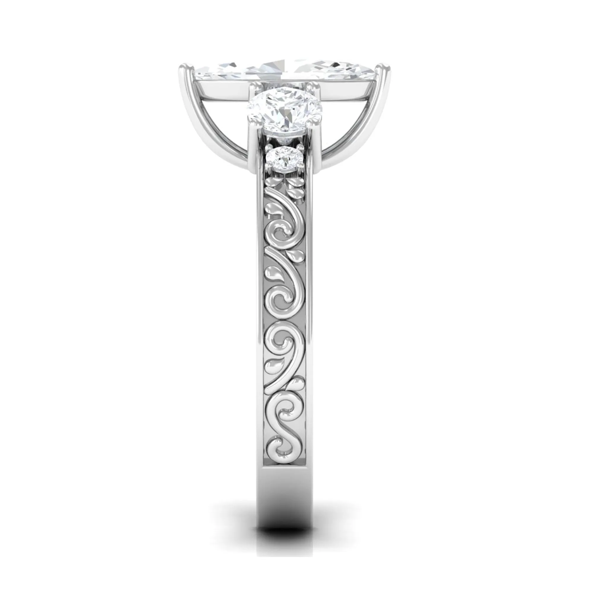 Certified Zircon Three Stone Engraved Band Ring